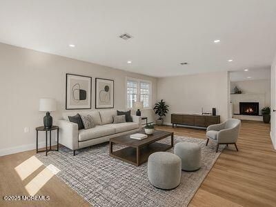 Fireplace, Interior, Living room, Recessed Lighting, Wood Texture Flooring