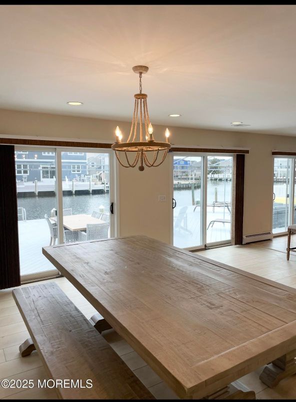 Chandelier, Dining room, Interior, Recessed Lighting, Water, Wood Texture Flooring