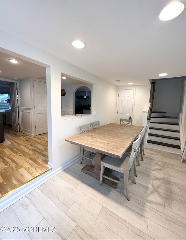 Dining room, Interior, Recessed Lighting, Wood Texture Flooring