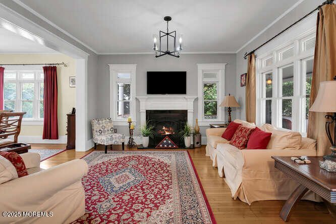 Chandelier, Fireplace, Interior, Living room, Pendant Lights, Wood Texture Flooring