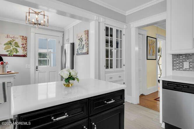 Chandelier, Interior, Kitchen, Pendant Lights, Stainless Steel Appliances, Wood Texture Flooring