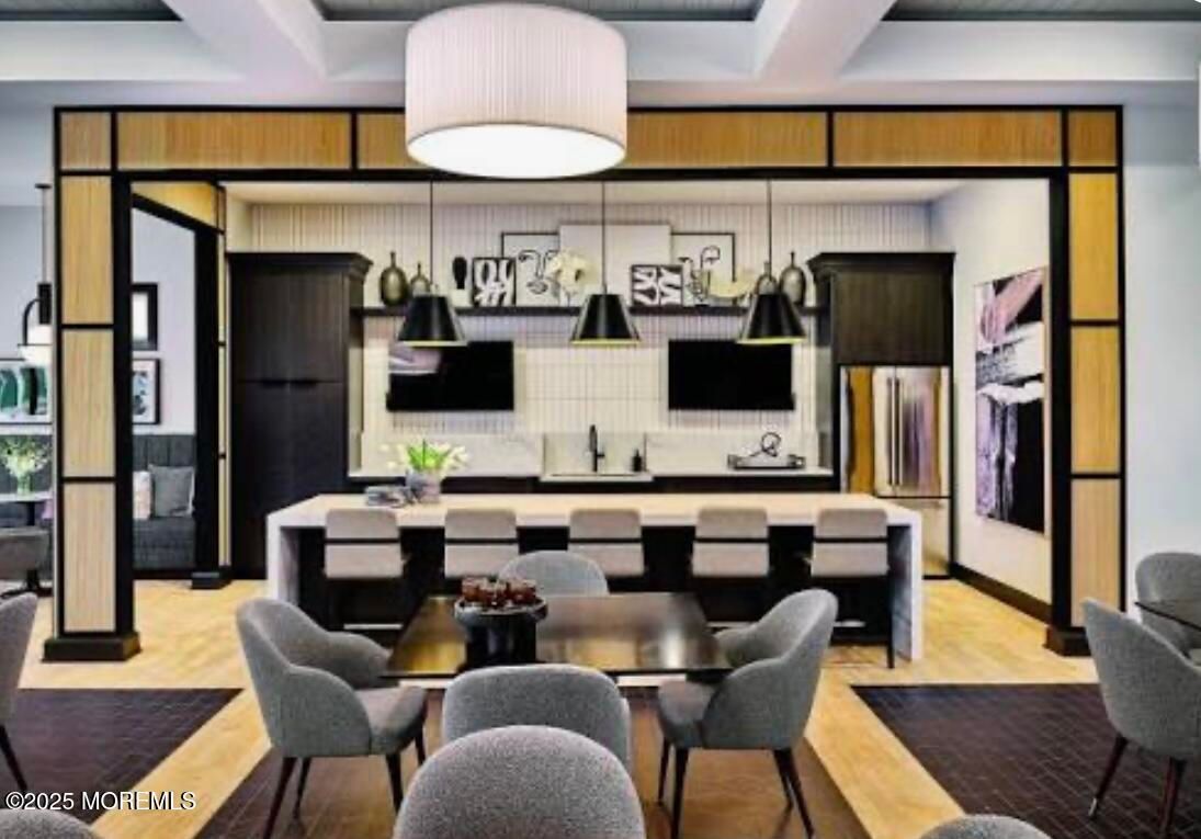 Dining room, Interior, Kitchen, Pendant Lights, Stainless Steel Appliances, Wood Texture Flooring