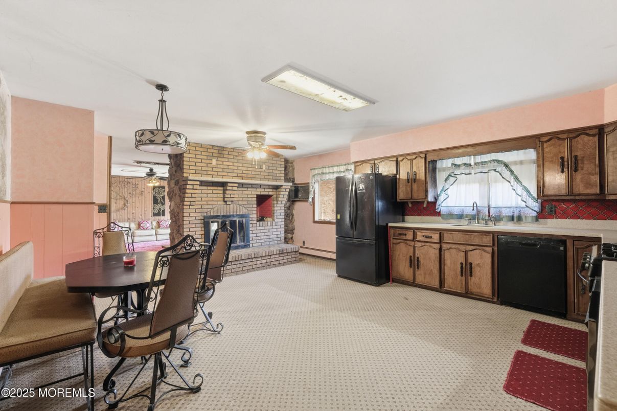 Dining room, Fireplace, Interior, Kitchen, Pendant Lights, Stone Walls