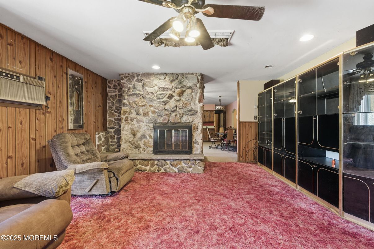 Fireplace, Interior, Living room, Recessed Lighting, Stone Walls, Wooden Walls