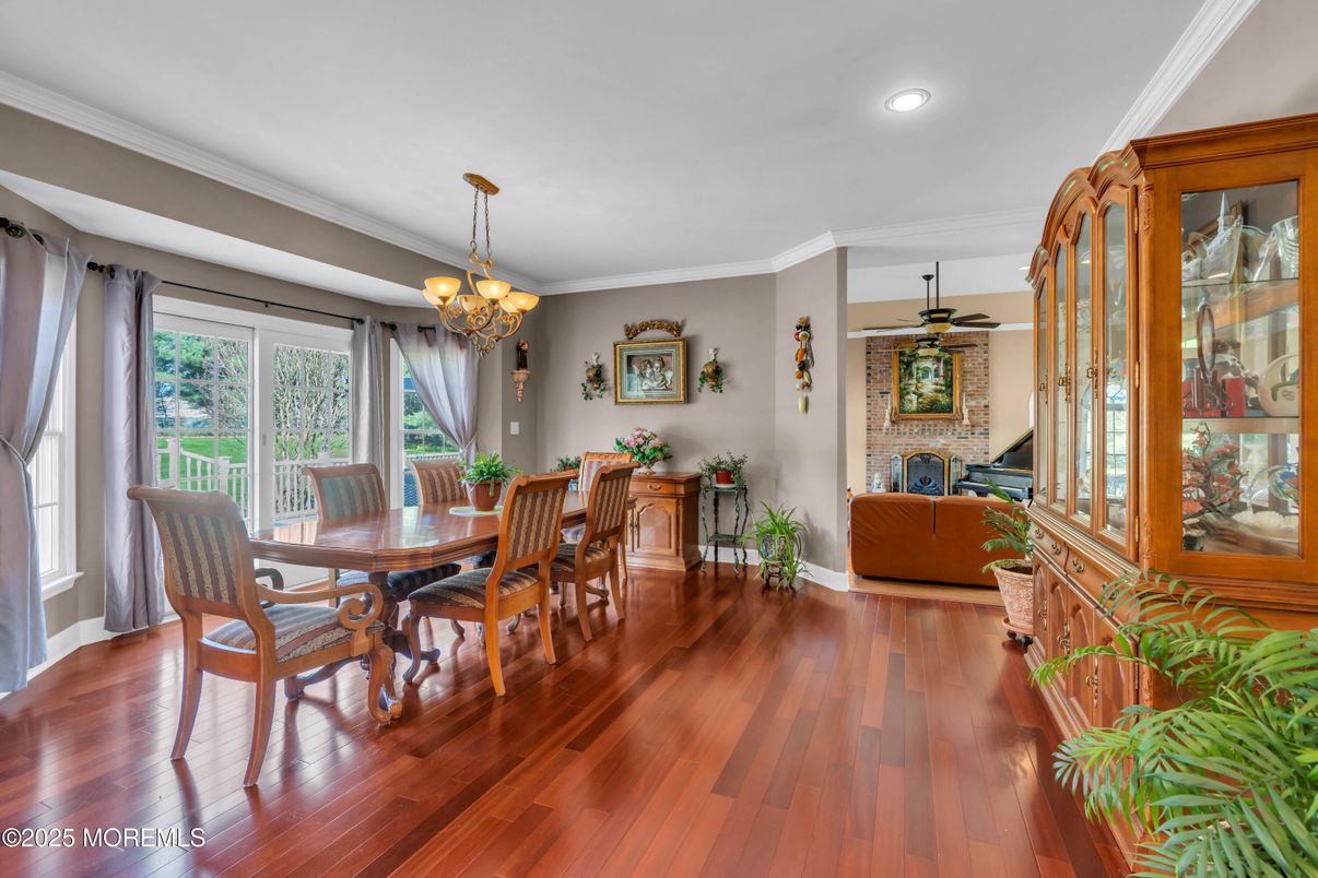 Chandelier, Dining room, Interior, Recessed Lighting, Stone Walls, Wood Texture Flooring