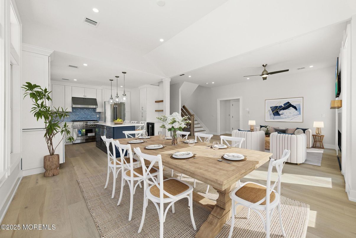 Dining room, Interior, Kitchen, Pendant Lights, Recessed Lighting, Stainless Steel Appliances, Wood Texture Flooring