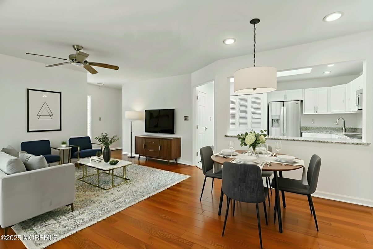 Dining room, Interior, Kitchen, Living room, Pendant Lights, Recessed Lighting, Stainless Steel Appliances, Wood Texture Flooring