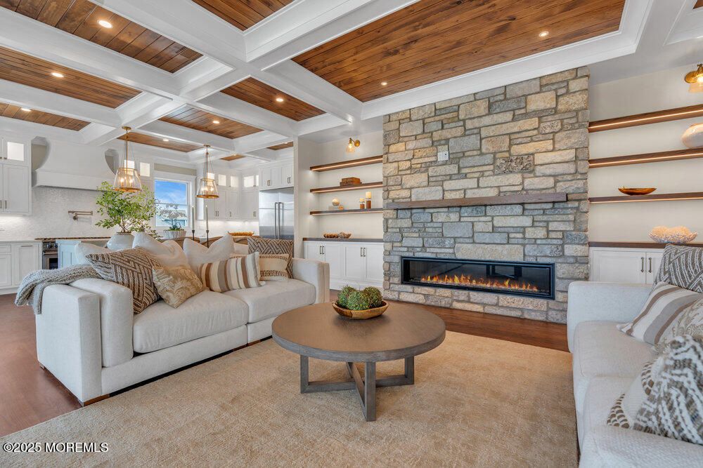Fireplace, Interior, Kitchen, Living room, Pendant Lights, Recessed Lighting, Stone Walls, Wooden Ceilings
