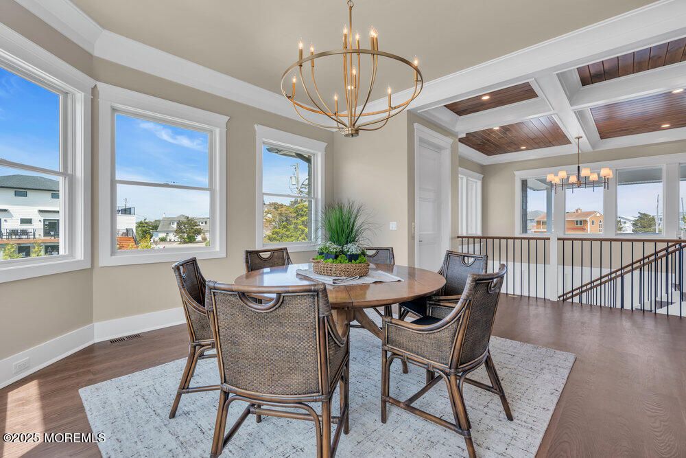 Chandelier, Dining room, Interior, Recessed Lighting, Wooden Ceilings, Wood Texture Flooring
