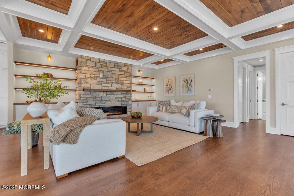 Fireplace, Interior, Living room, Recessed Lighting, Stone Walls, Wooden Ceilings, Wood Texture Flooring