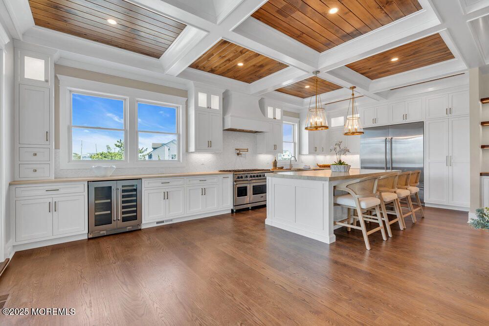 Interior, Kitchen, Pendant Lights, Recessed Lighting, Stainless Steel Appliances, Wooden Ceilings, Wood Texture Flooring