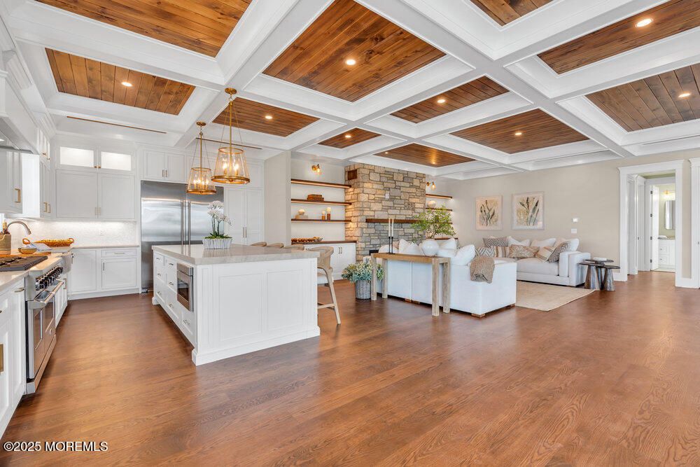 Interior, Kitchen, Living room, Pendant Lights, Recessed Lighting, Stainless Steel Appliances, Stone Walls, Wooden Ceilings, Wood Texture Flooring