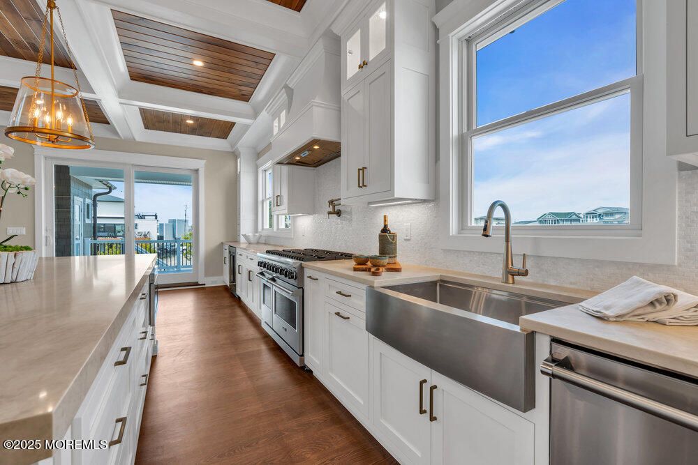 Interior, Kitchen, Pendant Lights, Recessed Lighting, Stainless Steel Appliances, Wooden Ceilings, Wood Texture Flooring