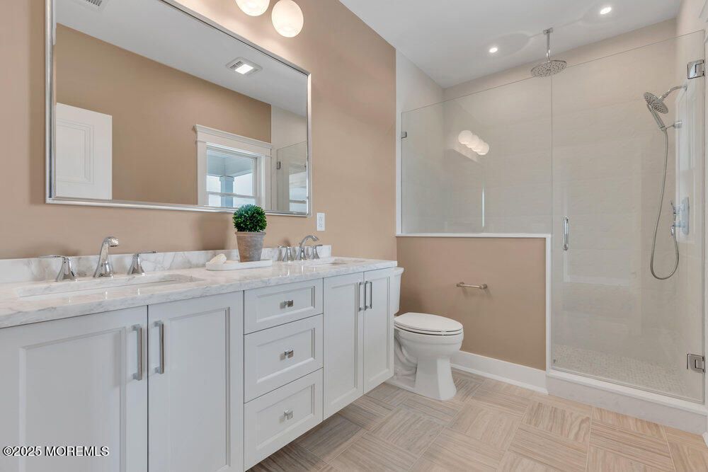 Bathroom, Dual Sink Vanities, Glass Shower, Interior, Recessed Lighting