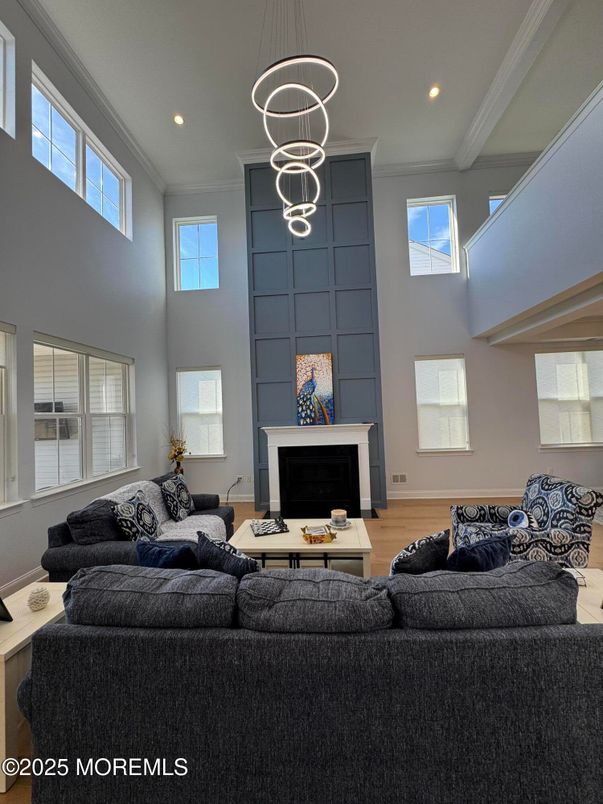 Fireplace, Interior, Living room, Pendant Lights, Recessed Lighting, Wood Texture Flooring