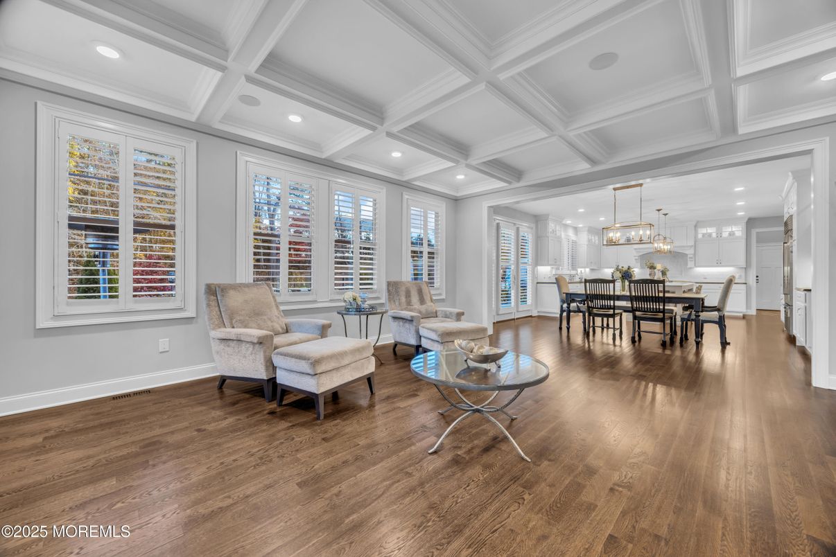 Chandelier, Dining room, Interior, Kitchen, Living room, Pendant Lights, Recessed Lighting, Wood Texture Flooring