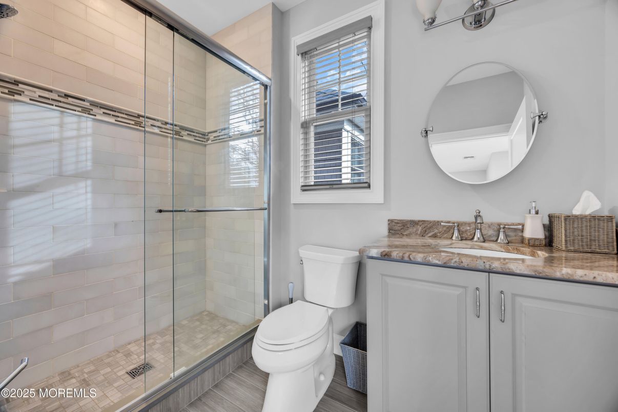 Bathroom, Glass Shower, Interior, Wood Texture Flooring