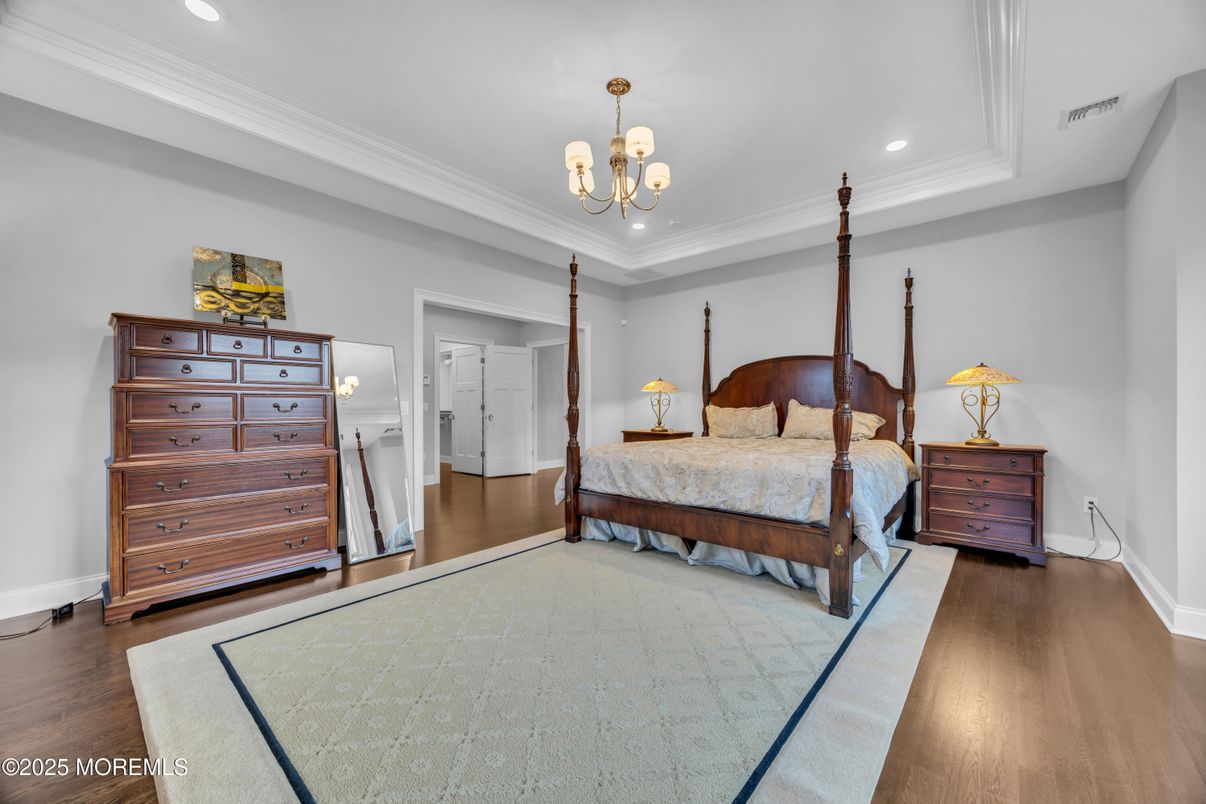 Bedroom, Chandelier, Interior, Recessed Lighting, Wood Texture Flooring