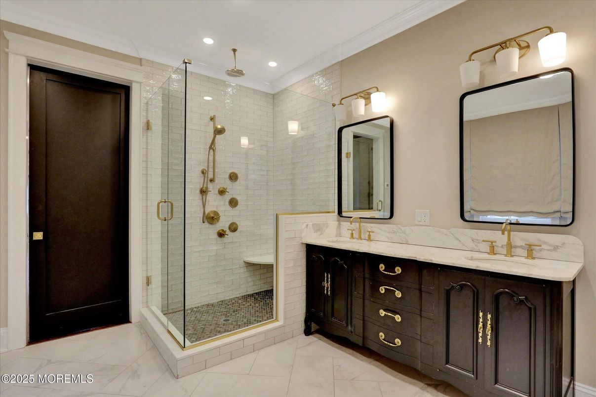 Bathroom, Dual Sink Vanities, Glass Shower, Interior, Marble, Recessed Lighting