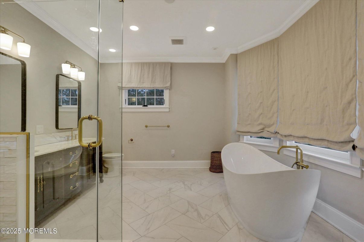 Bathroom, Free Standing Baths, Glass Shower, Interior, Marble, Recessed Lighting