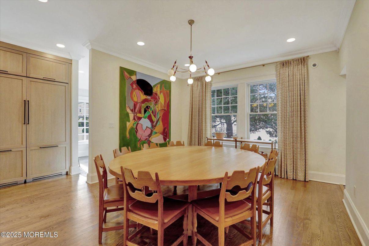 Dining room, Interior, Pendant Lights, Recessed Lighting, Wood Texture Flooring
