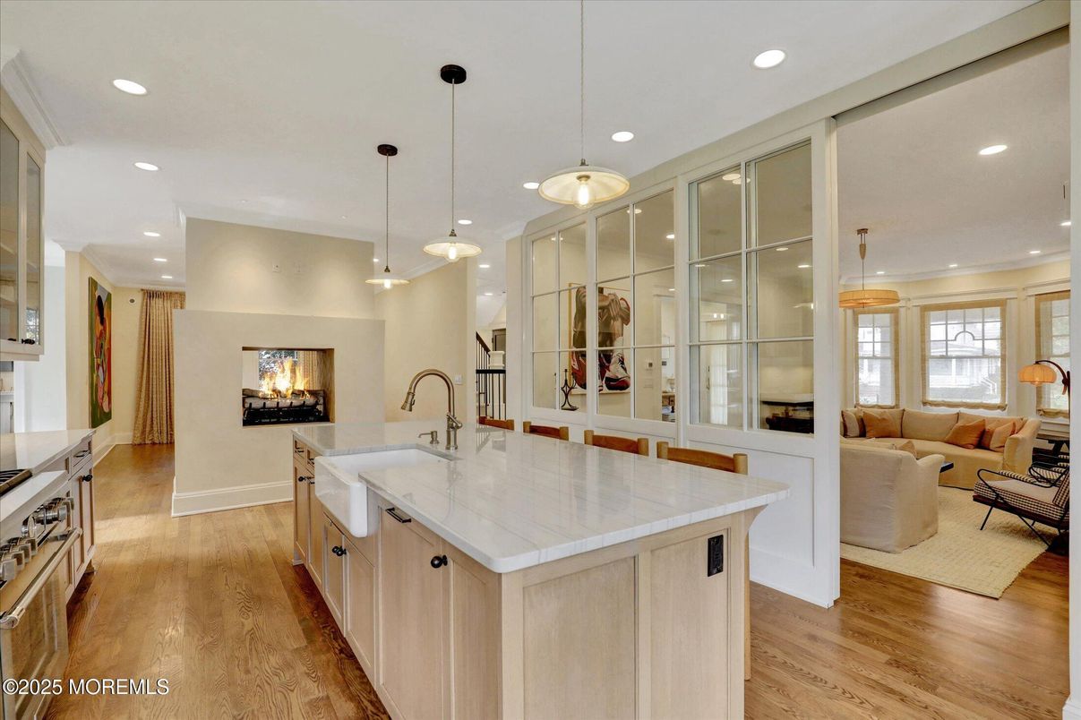 Fireplace, Interior, Kitchen, Living room, Pendant Lights, Recessed Lighting, Wood Texture Flooring