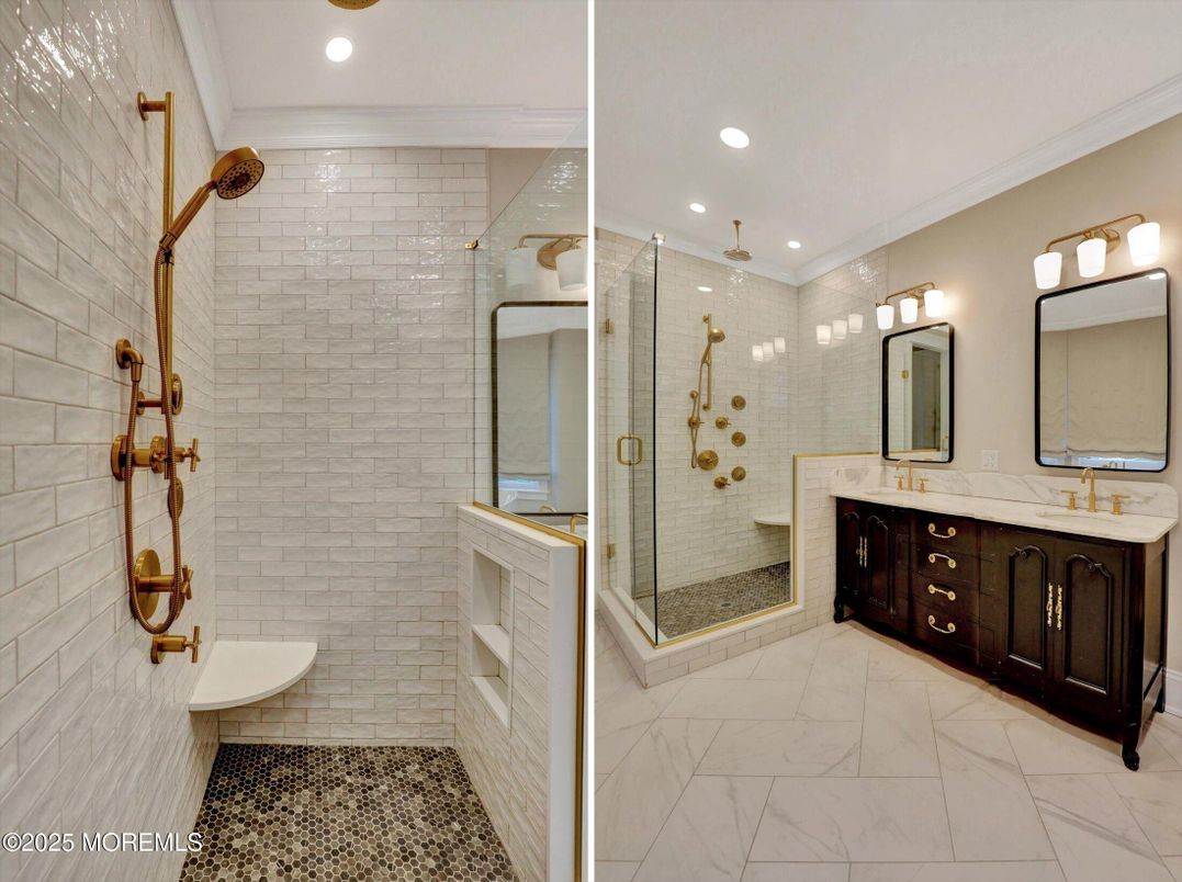 Bathroom, Dual Sink Vanities, Glass Shower, Interior, Marble, Recessed Lighting