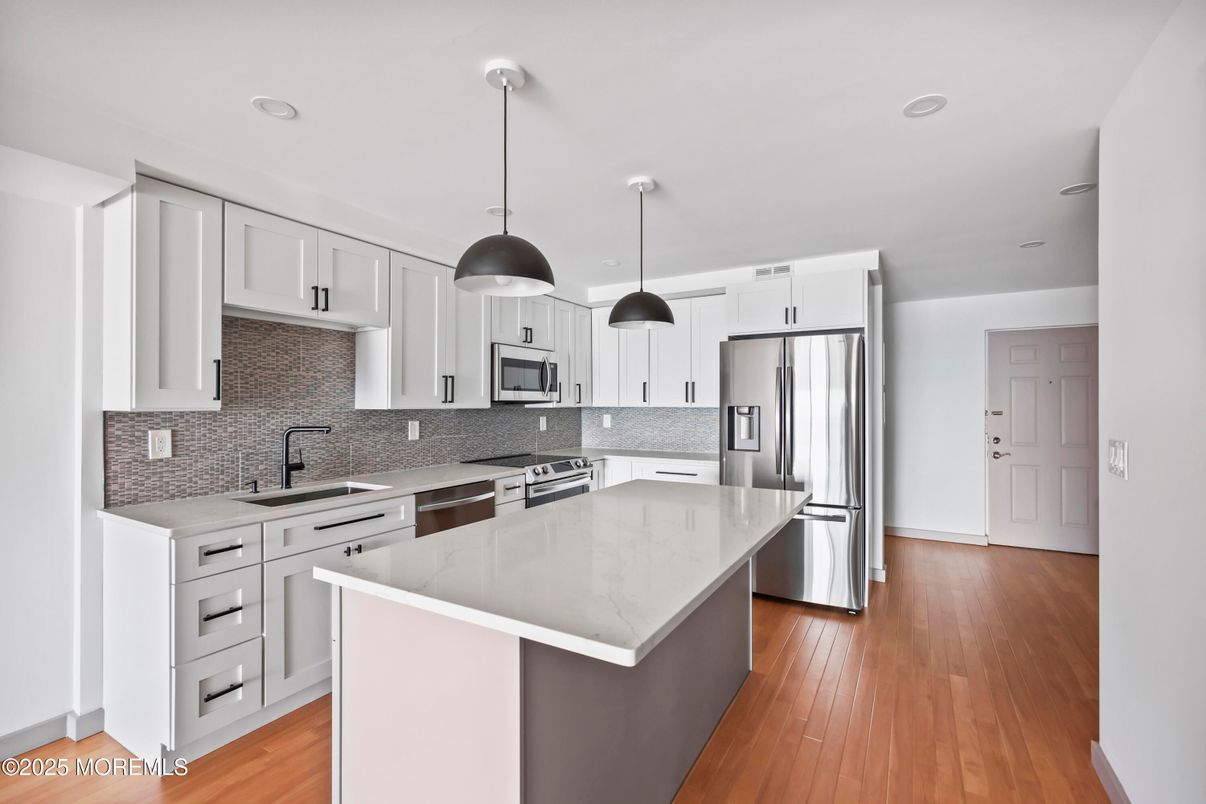 Interior, Kitchen, Pendant Lights, Recessed Lighting, Stainless Steel Appliances, Wood Texture Flooring