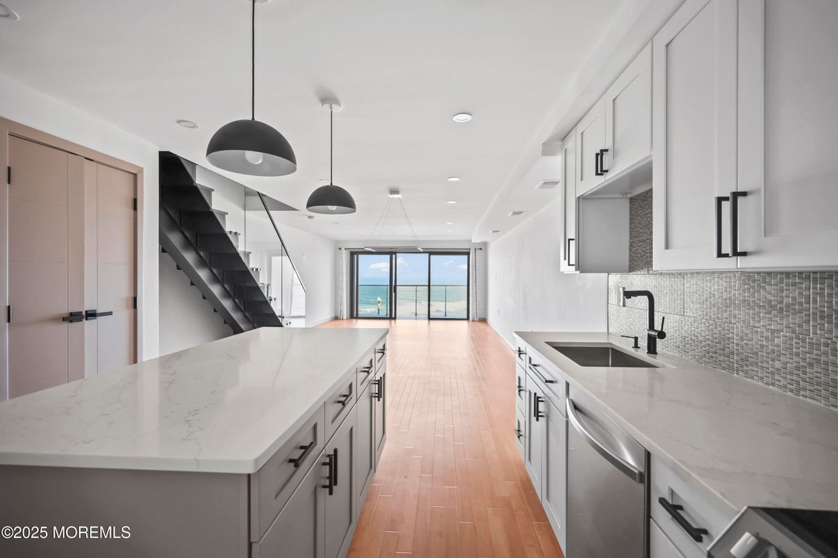 Interior, Kitchen, Pendant Lights, Recessed Lighting, Wood Texture Flooring
