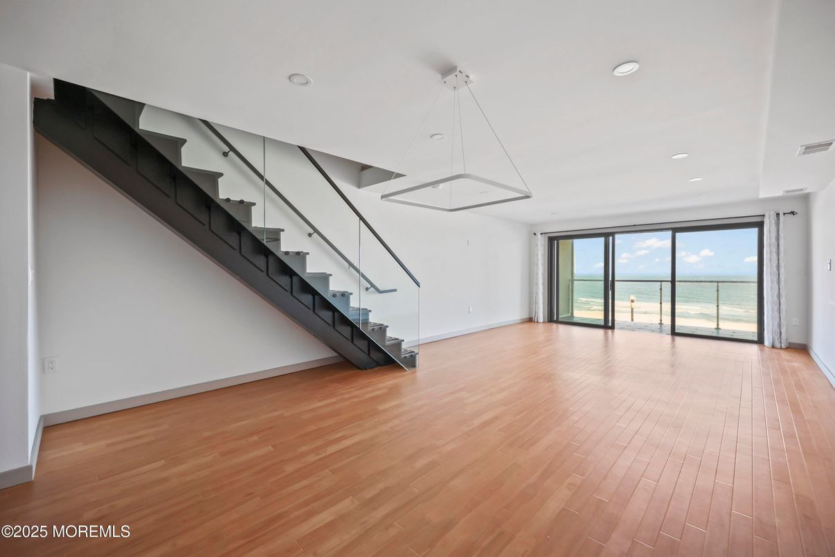 Empty room, Interior, Pendant Lights, Recessed Lighting, Water, Wood Texture Flooring
