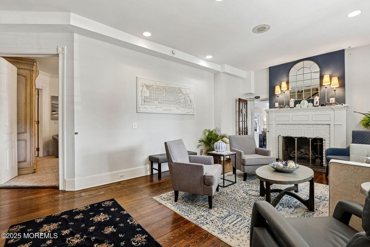 Fireplace, Interior, Living room, Recessed Lighting, Wood Texture Flooring