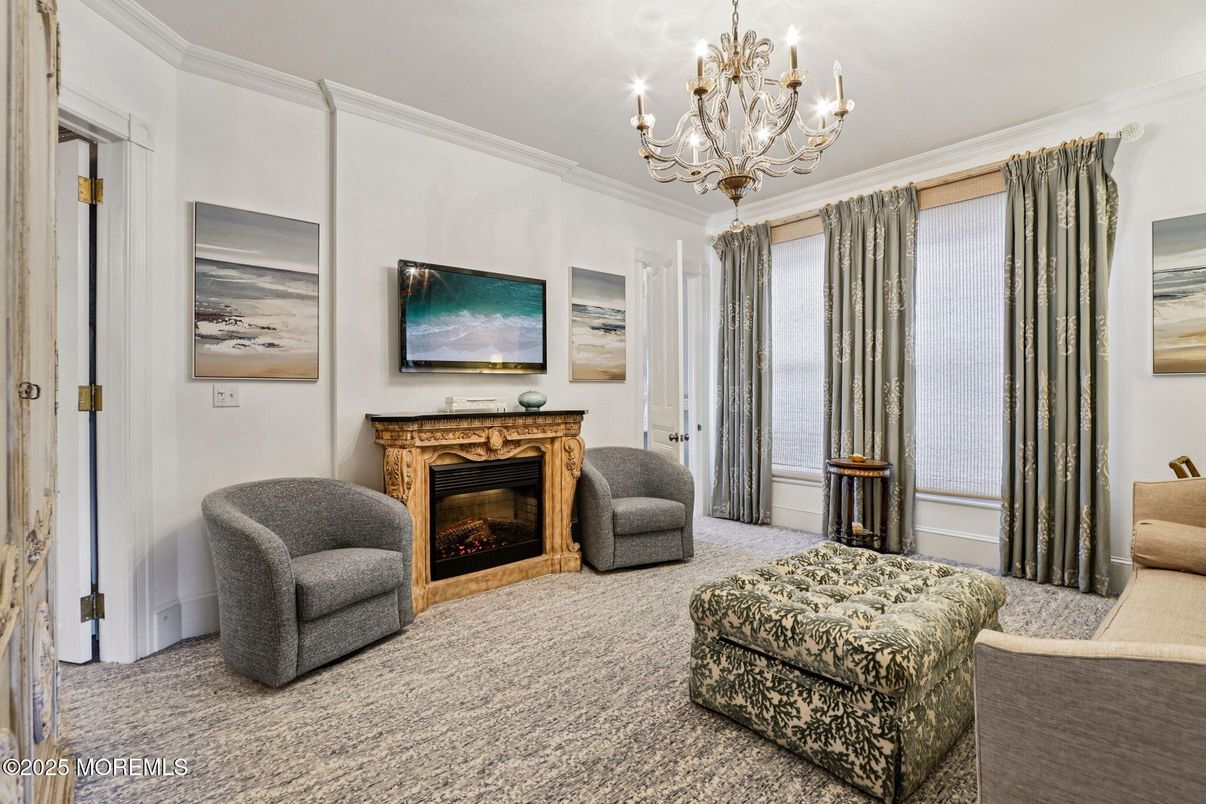 Chandelier, Fireplace, Interior