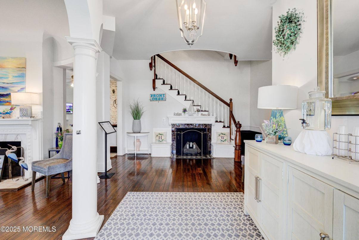 Fireplace, Interior, Pendant Lights, Wood Texture Flooring