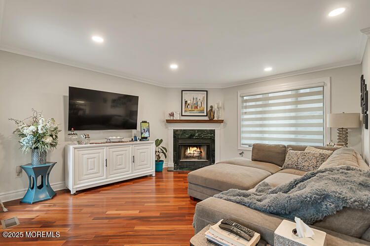 Fireplace, Interior, Living room, Recessed Lighting, Wood Texture Flooring