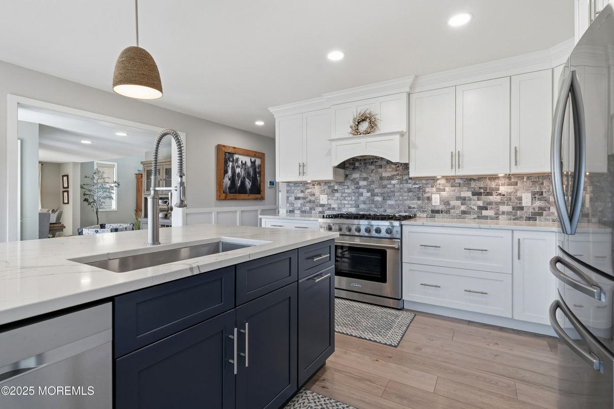 Interior, Kitchen, Pendant Lights, Recessed Lighting, Stainless Steel Appliances, Wood Texture Flooring