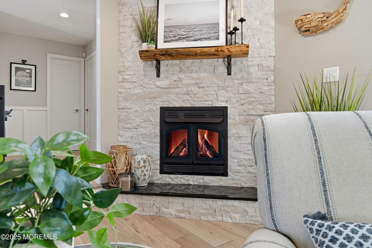 Fireplace, Interior, Recessed Lighting, Stone Walls, Wood Texture Flooring