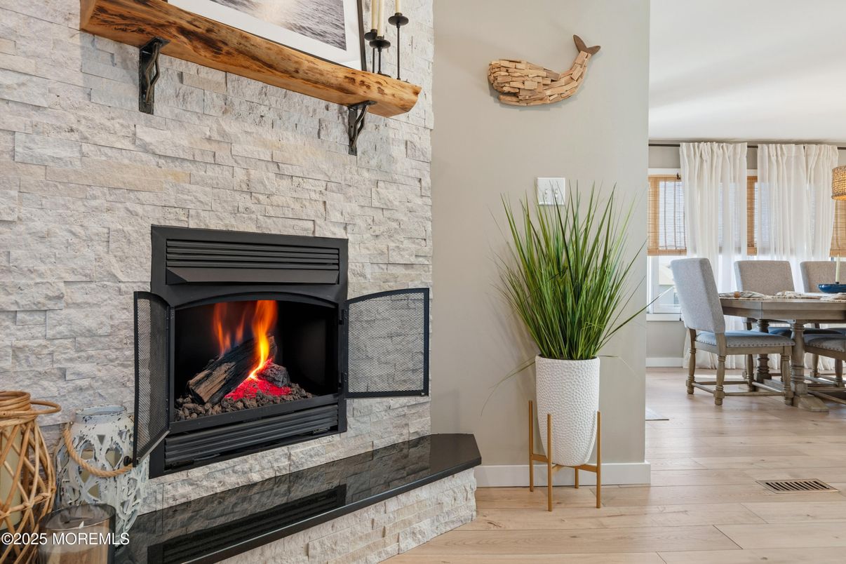 Dining room, Fireplace, Interior, Stone Walls, Wood Texture Flooring