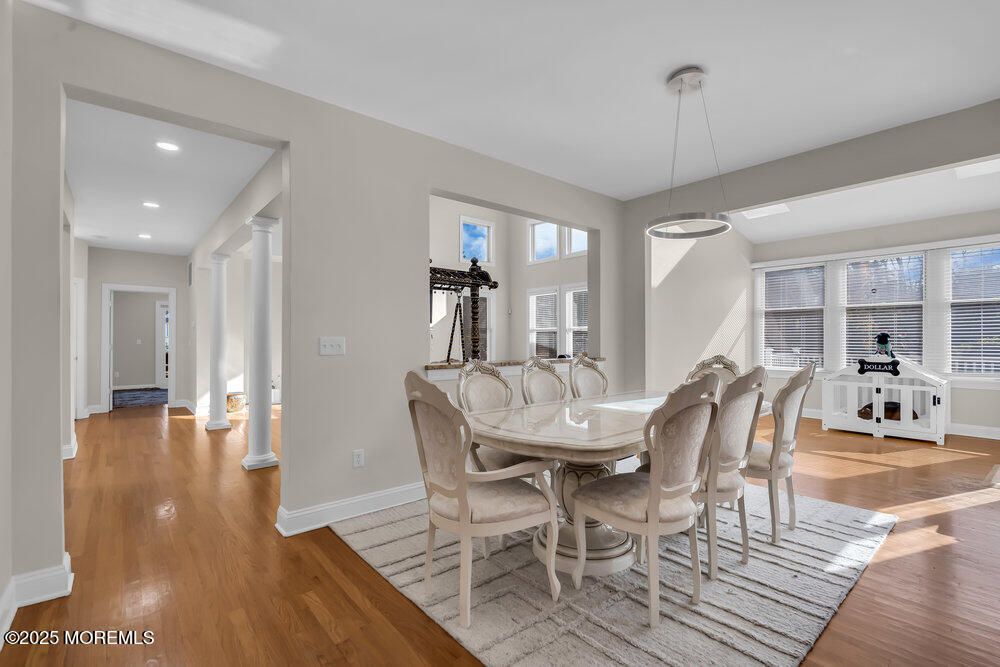 Dining room, Interior, Pendant Lights, Recessed Lighting, Wood Texture Flooring