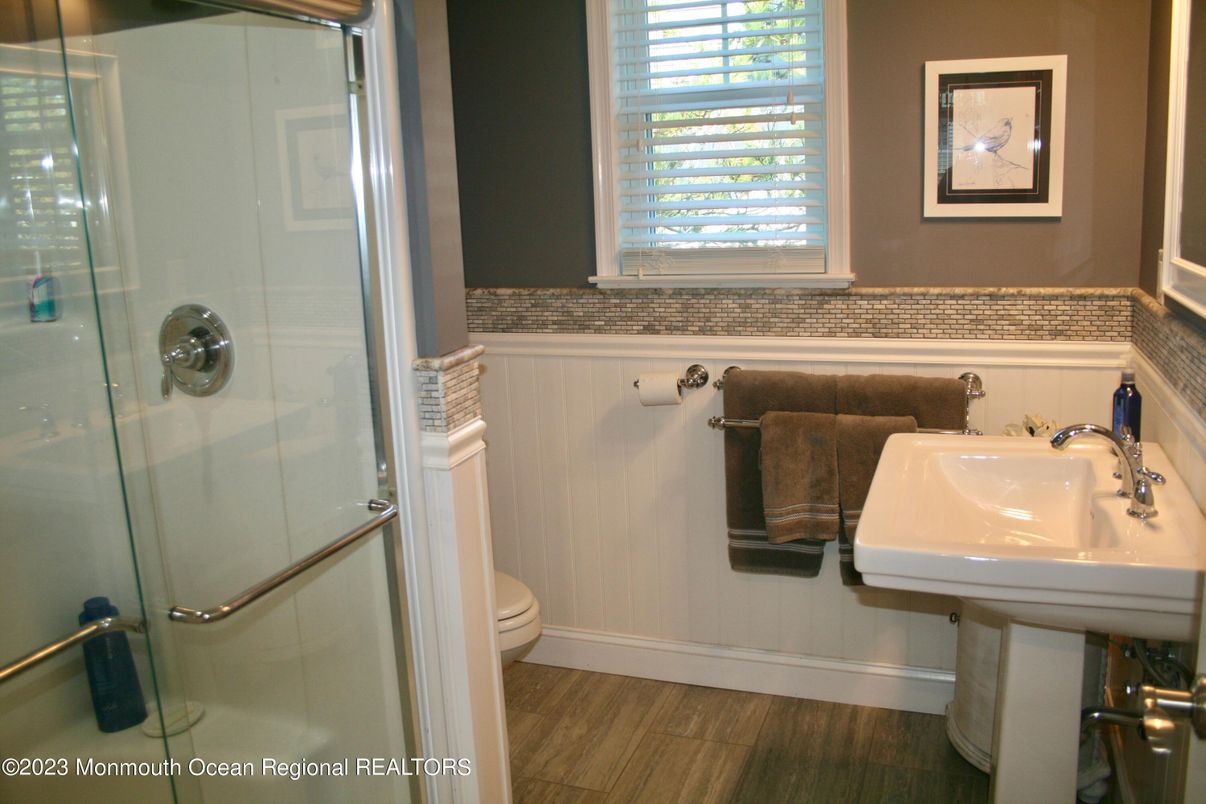 Bathroom, Glass Shower, Interior, Wood Texture Flooring
