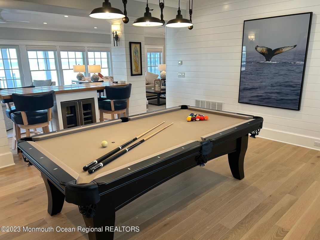 Billiard Table, Game Room, Interior, Pendant Lights, Recessed Lighting, Wood Texture Flooring