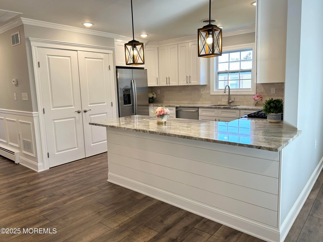 Interior, Kitchen, Pendant Lights, Recessed Lighting, Stainless Steel Appliances, Wood Texture Flooring