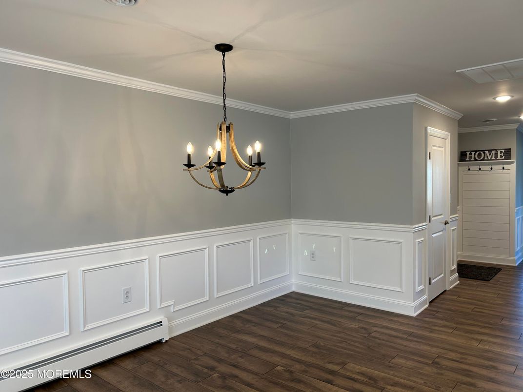 Chandelier, Empty room, Interior, Recessed Lighting, Wood Texture Flooring