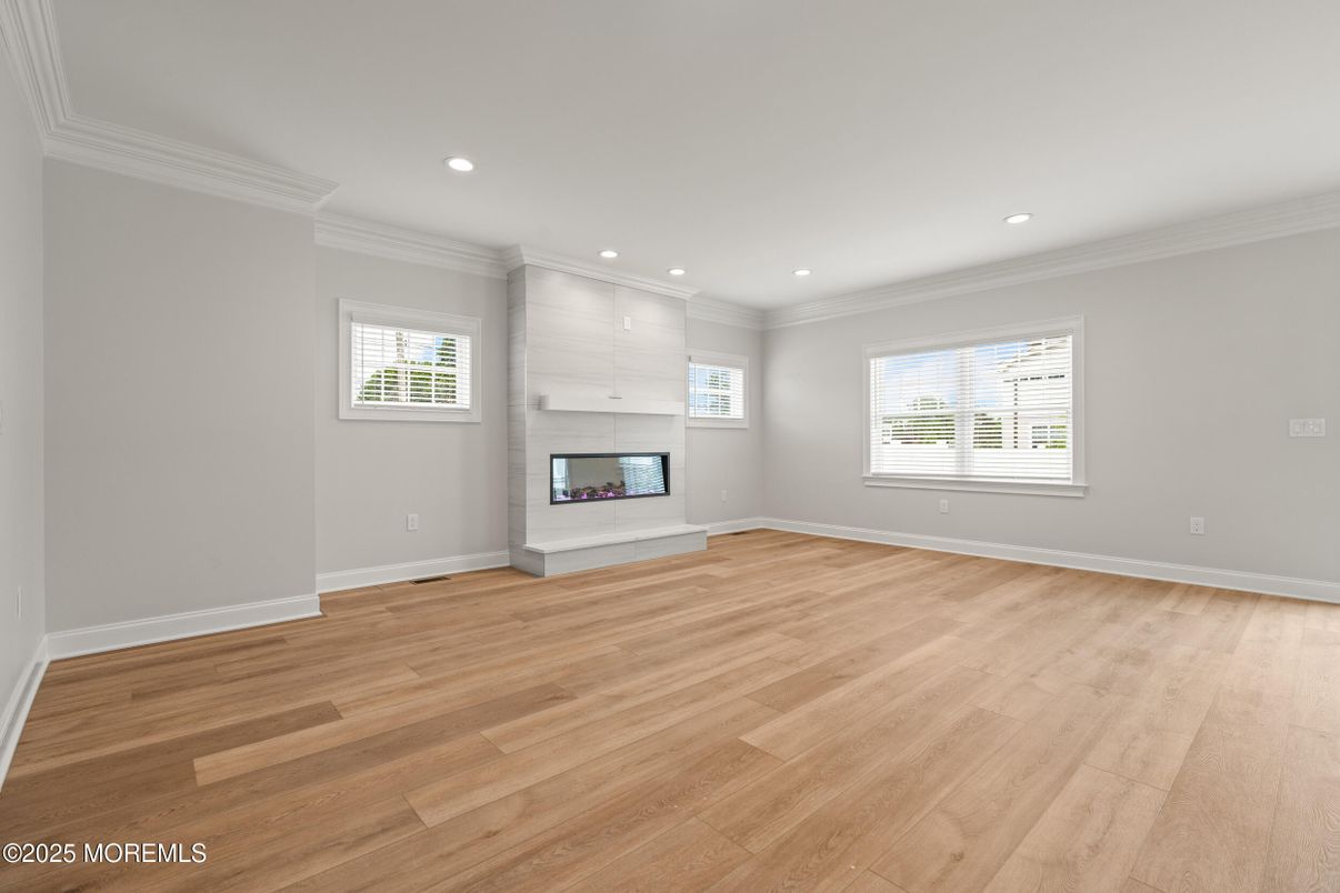 Empty room, Fireplace, Interior, Recessed Lighting, Wood Texture Flooring