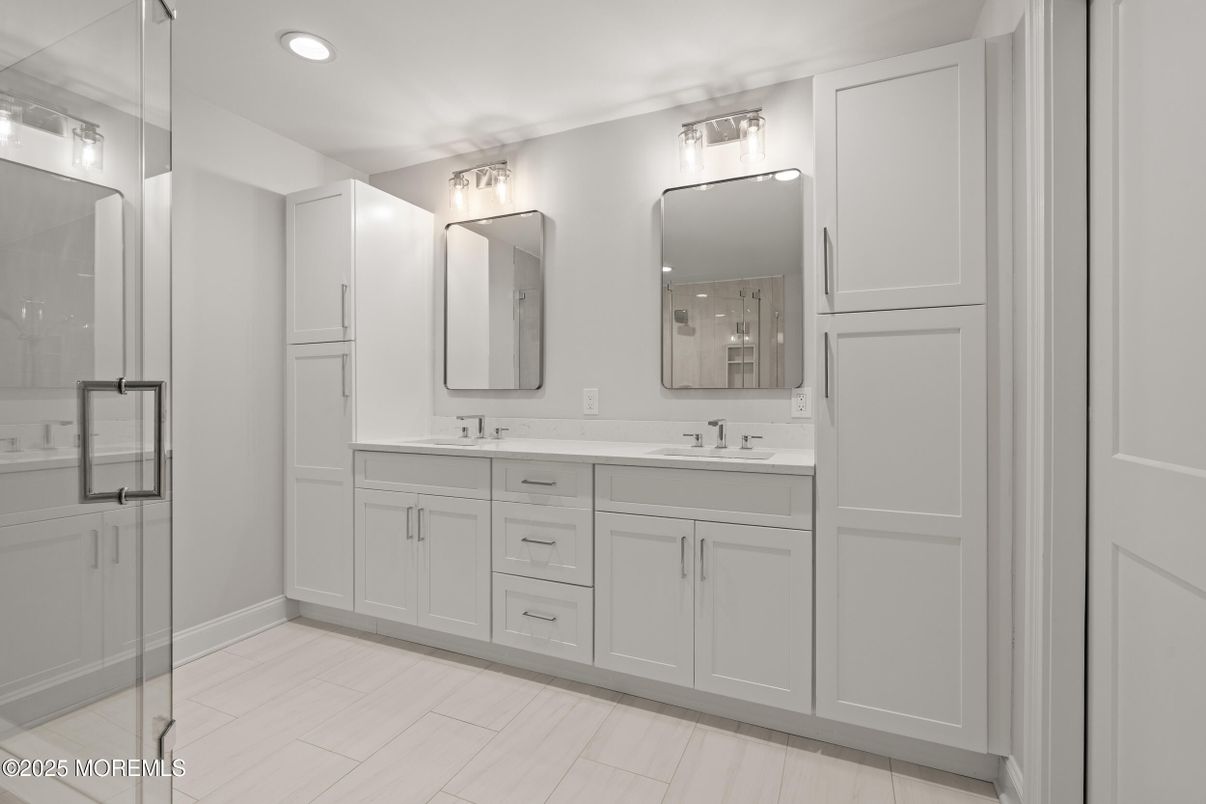 Bathroom, Dual Sink Vanities, Glass Shower, Interior, Recessed Lighting, Wood Texture Flooring