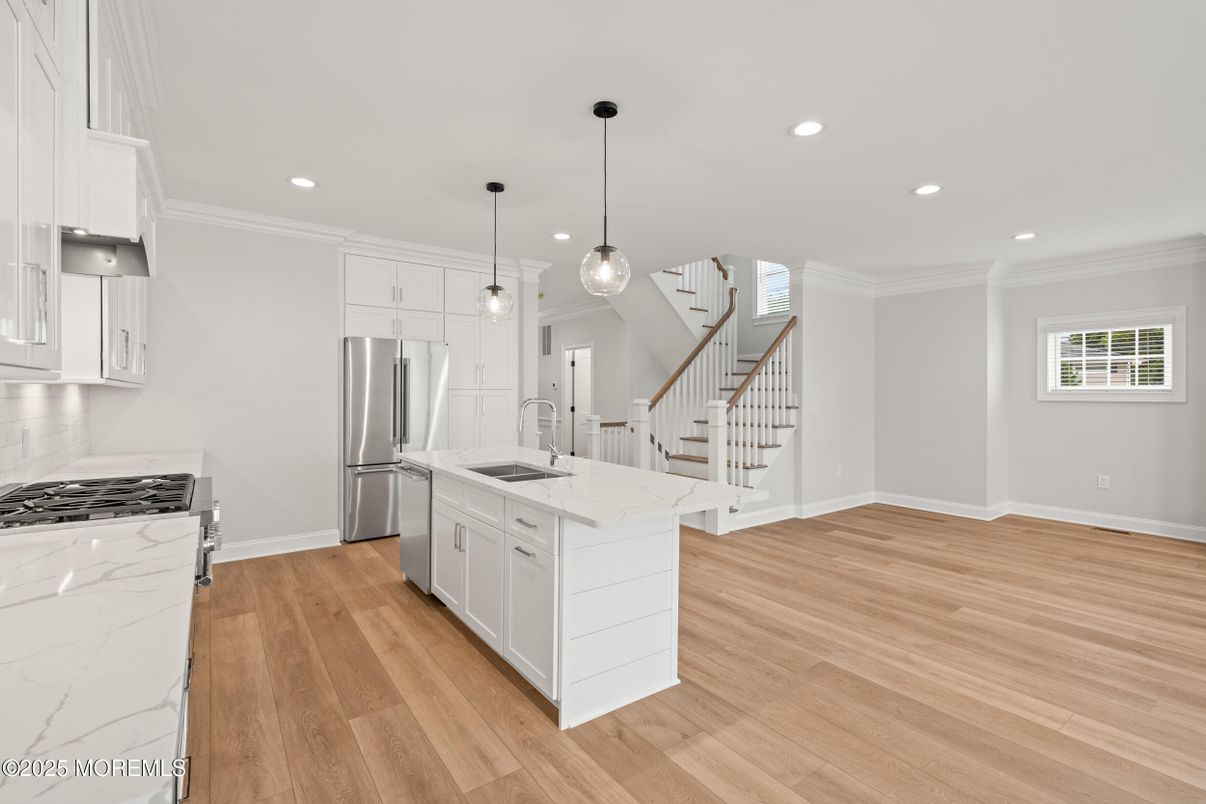Interior, Kitchen, Pendant Lights, Recessed Lighting, Stainless Steel Appliances, Wood Texture Flooring