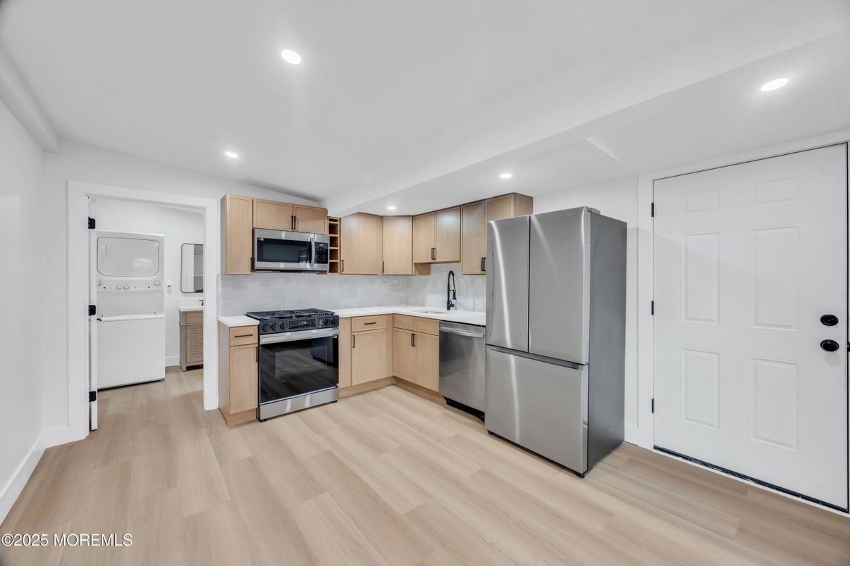 Interior, Kitchen, Recessed Lighting, Stainless Steel Appliances, Wood Texture Flooring