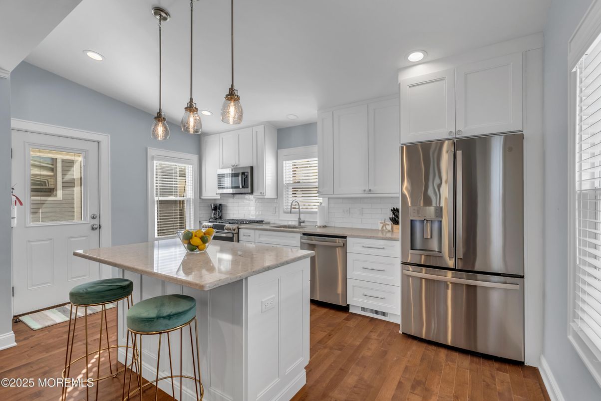 Interior, Kitchen, Pendant Lights, Recessed Lighting, Stainless Steel Appliances, Wood Texture Flooring