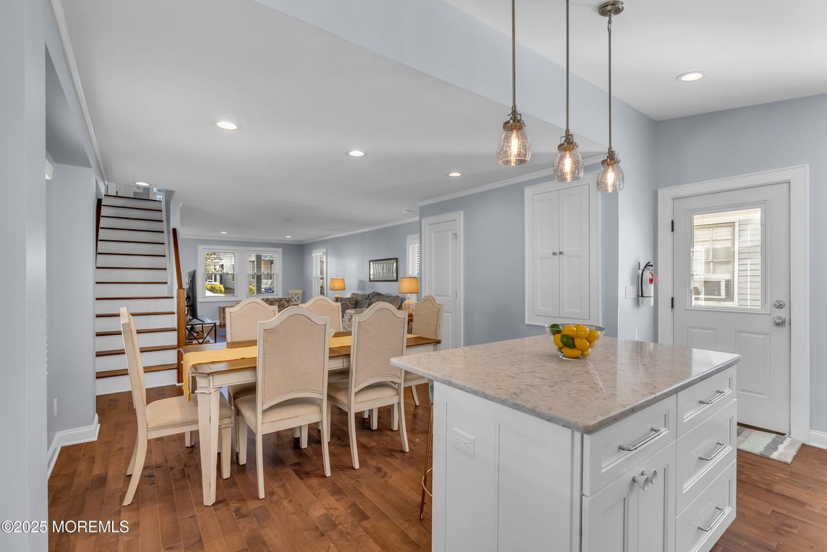 Dining room, Interior, Pendant Lights, Recessed Lighting, Wood Texture Flooring