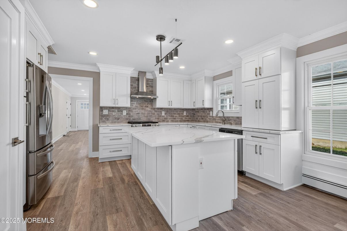 Interior, Kitchen, Pendant Lights, Recessed Lighting, Stainless Steel Appliances, Wood Texture Flooring