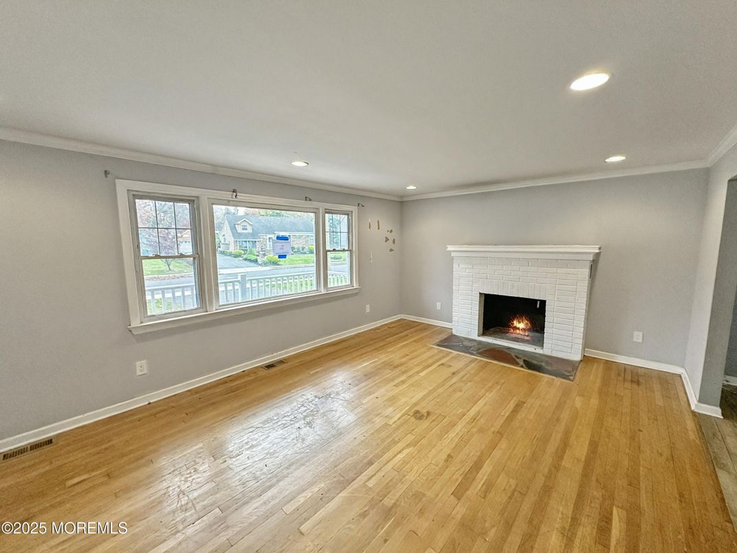 Empty room, Fireplace, Interior, Recessed Lighting, Wood Texture Flooring